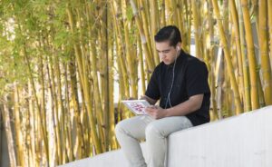Student looks at tablet