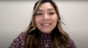 CSUN Associated Students President Rose Merida. delivers an address against a blank background.