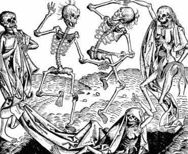 An illustrations of skeletons and corpses dancing in a circle.