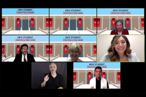 CSUN President Dianne F. Harrison, Vice President for Student Affairs and Dean of Students William Watkins, Provost and Vice President for Academic Affairs Mary Beth Walker, Associated Students President Rose Merida, and Harrison Leadership Award recipient Keenon Takaki speak at the online New Student Convocation on Sept. 17.