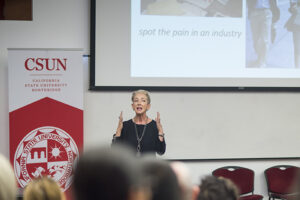 Jane Wurwand giving a presentation on entrepreneurship to CSUN business students.