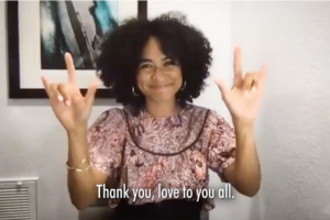 Actress Lauren Ridloff expresses her gratitude during her acceptance speech at the virtual 2020 Media Access Awards on Nov. 19.