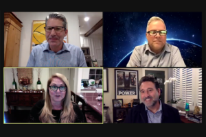 Alumni Louis Santor '89 (Accounting), Wendy Knoller '87 (Radio/TV Production) and David Knoller '86 (Theatre) speak at the Distinguished Speaker Series event on Nov. 17, moderated by Bruce Gersh '91 (Accounting).