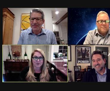 Alumni Louis Santor '89 (Accounting), Wendy Knoller '87 (Radio/TV Production) and David Knoller '86 (Theatre) speak at the Distinguished Speaker Series event on Nov. 17, moderated by Bruce Gersh '91 (Accounting).