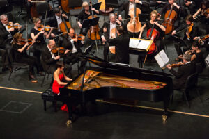 Pianist Yuja Wang performs with the Russian National Orchestra in 2016 at the Valley Performing Arts Center.