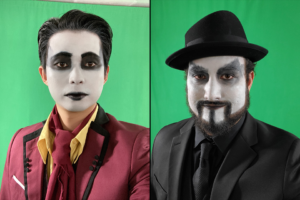 Selfies of Dongmin Byeon and Eddie Roberts in costume in front of green screens.