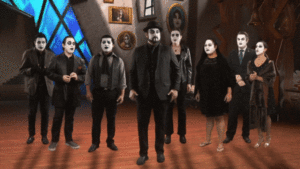 Composited clip of performers inside the animated mansion