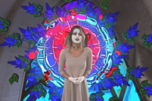 An opera singer performs in front of a colorful animated background