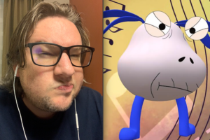 Student Douglas Justin Haase tries out the "old man" lens for the augmented reality opera performance.