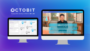 Purple and blue background with an image of a desktop monitor in the middle.