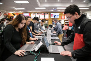 Students focus as they choose what cap and gown package to order with HerffJones