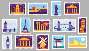 International postcards next to each other.