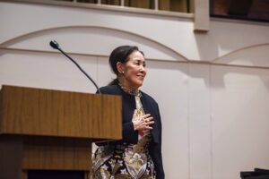 Shigemi Matsumoto gives remarks in the recital hall now named for her.