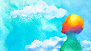 Graphic is of a human head in blue sky abstract art mind mental health spiritual healing