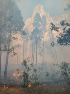 Smoke creates a haze in front of Half Dome with flames and trees in the foreground.