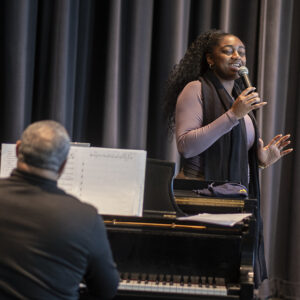 Jazz singer Samara Joy, accompanied by pianist Shedrick Mitchell, sings for Mike Curb College students at The Soraya.
