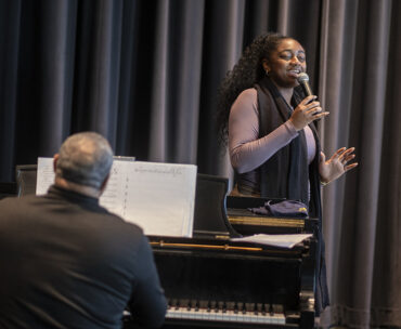Jazz singer Samara Joy, accompanied by pianist Shedrick Mitchell, sings for Mike Curb College students at The Soraya.