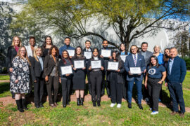 Joni Campanella, members of the Dodgers Foundation and CSUN Physical Therapy Department faculty pose with the 2024 scholarship recipients after the luncheon on Feb. 2.