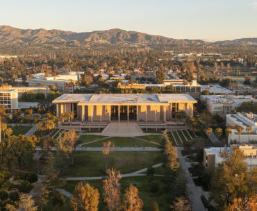 An aerial view of CSUN University Library is photographed on California State University, Northridge in Los Angeles, California, Wednesday, January 10, 2024. (Photo by Ringo Chiu / CSUN)