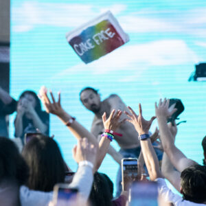 Steve Aoki throws cake into the audience.