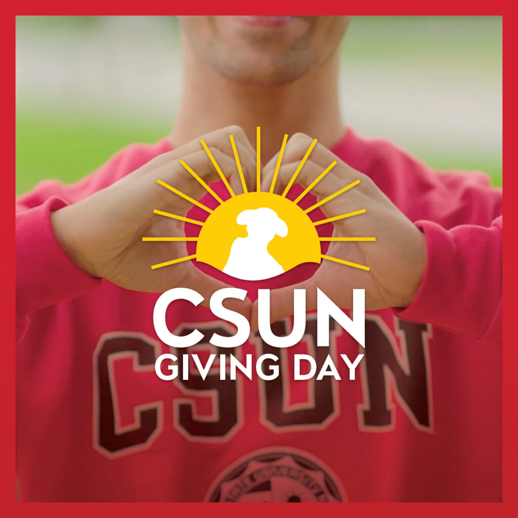 Close-up of hands making heart symbol, with "CSUN Giving Day" written over them.