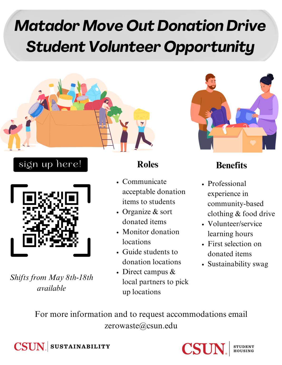 A flyer promoting the Matador Move Out Donation Drive, calling for student volunteers.