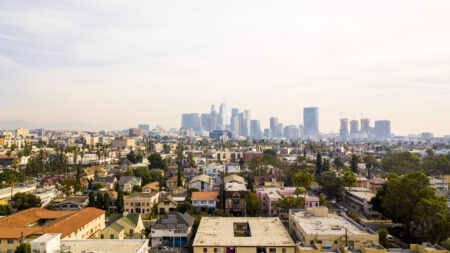 An drone shot that pictures the Los Angeles skyline in the distance with a number of houses in the foreground. 
