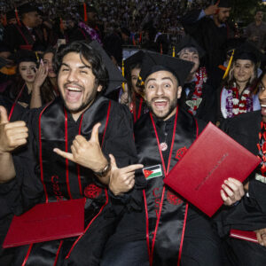A group of male students in caps and gowns celebrate while seated at CSUN 2024 commencement.