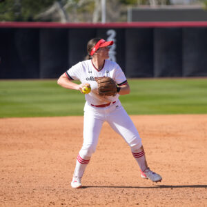 Shaylan Whatman prepares to throw a softball from third base in Matador Diamond.