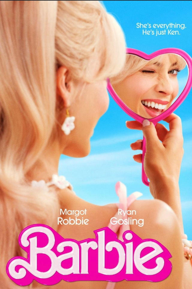 Movie Poster of the movie "Barbie" with the main character, Barbie winking at a make up mirror.