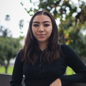 Portrait of Angelina Zuniga-Kramer at the Library portico on Feb. 1, 2024 at CSUN in Northridge, Calif.