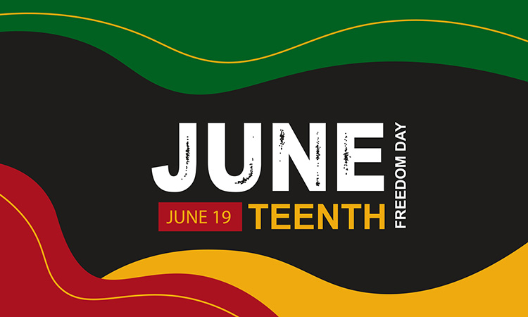 Graphic that says Juneteenth, Freedom Day, June 19th on black, green, yellow and red background
