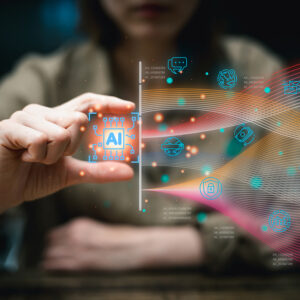 Businesswoman holding on AI to command search business information