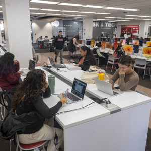 Students sit with their laptop computers in the University Library.