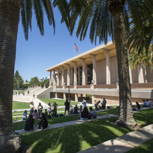 Students rest in the shade of palm trees on the CSUN University Library Lawn.