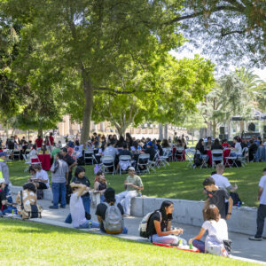 Students at President's Picnic scattered across Cleary Walk and the Bayramian Hall Lawn at CSUN on Aug. 29