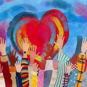 Group of diverse hands reaching for a heart