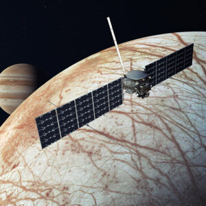 An illustration of the Europa Clipper spacecraft flying by Europa as it orbits Jupiter.