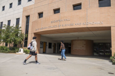 The exterior of the David Nazarian College of Business & Economics on California State University, Northridge in Los Angeles, California, Friday, October 4, 2024. (Ringo Chiu / CSUN)