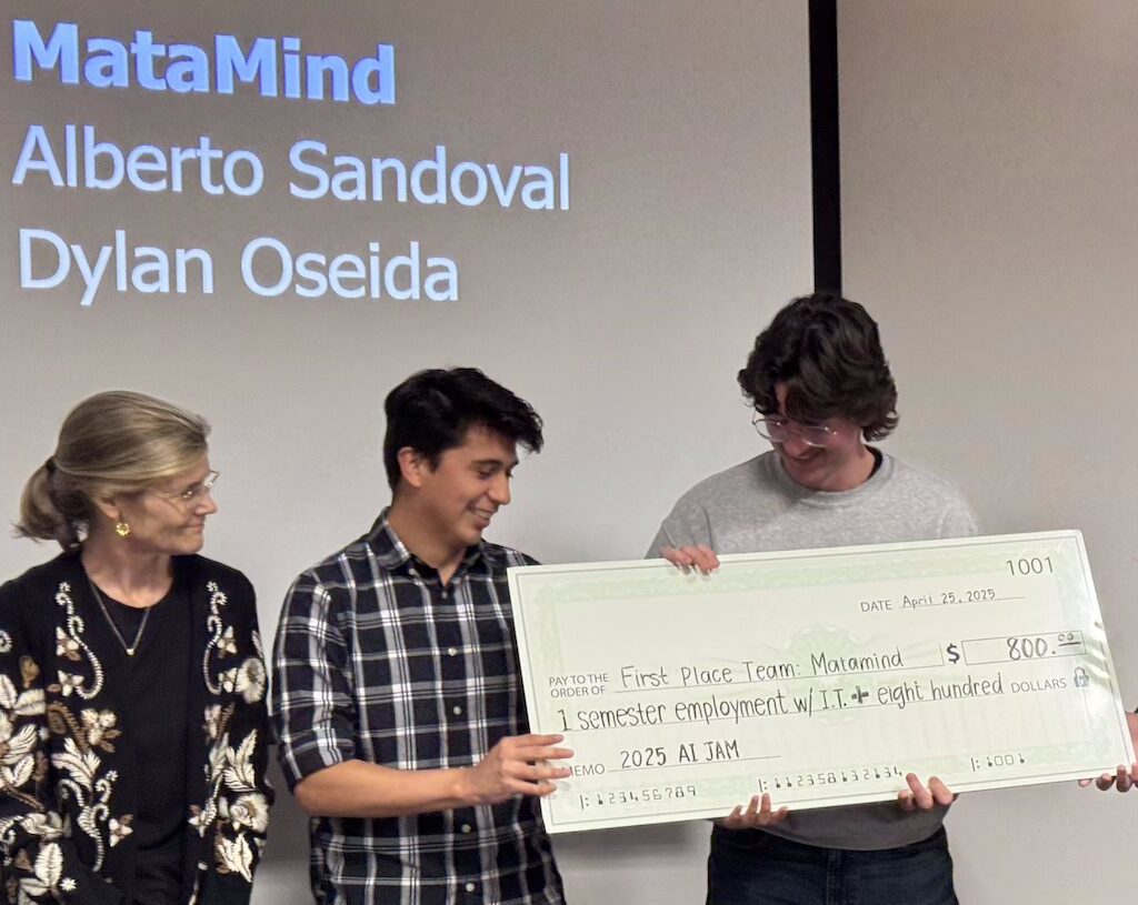 AI Jam 2025 winners Dylan Oseida and Alberto Sandoval at AI Jam on on April 25, 2025 (Blessing Okoli/CSUN)