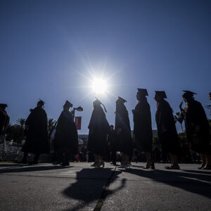 A line of graduates in caps and gowns are backlit by the sun - we see their profiles, as they walk across concrete.