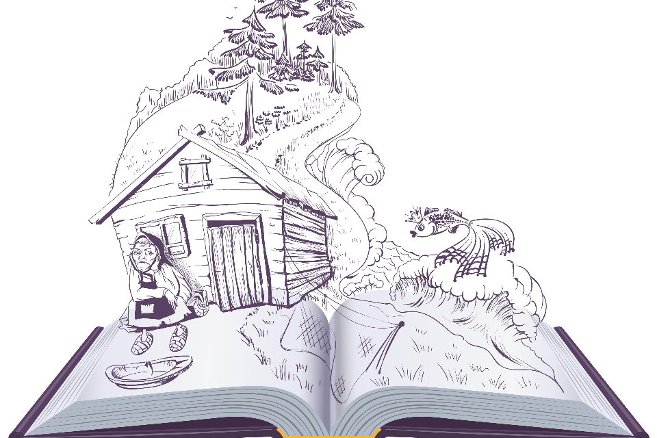 Drawing of a book with a fairytale coming out of it.