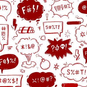 Swear word speech bubble set. Curse, rude, swear word for angry, bad, negative expression. Hand drawn doodle sketch style. Vector illustration.