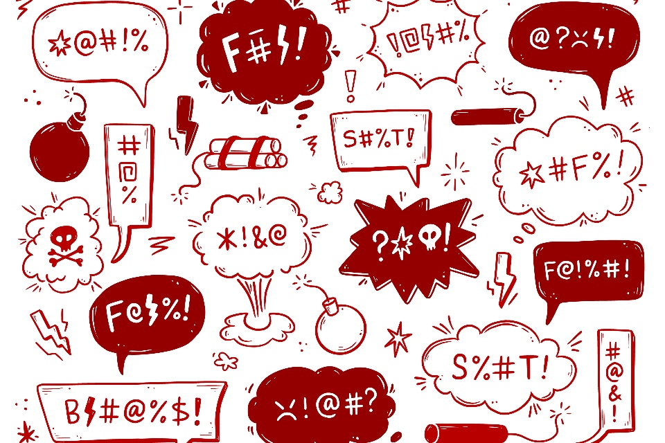 Swear word speech bubble set. Curse, rude, swear word for angry, bad, negative expression. Hand drawn doodle sketch style. Vector illustration.