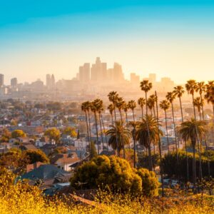 Wide Shot of the the city of Los Angeles during a sunrise.