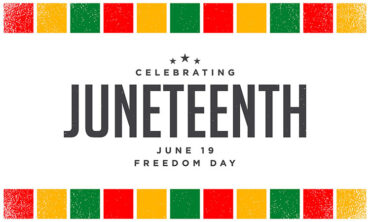 Black writing on white background with red yellow and green border. "Celebrating Juneteenth. June 19. Freedom Day."