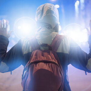 a person with their hands up