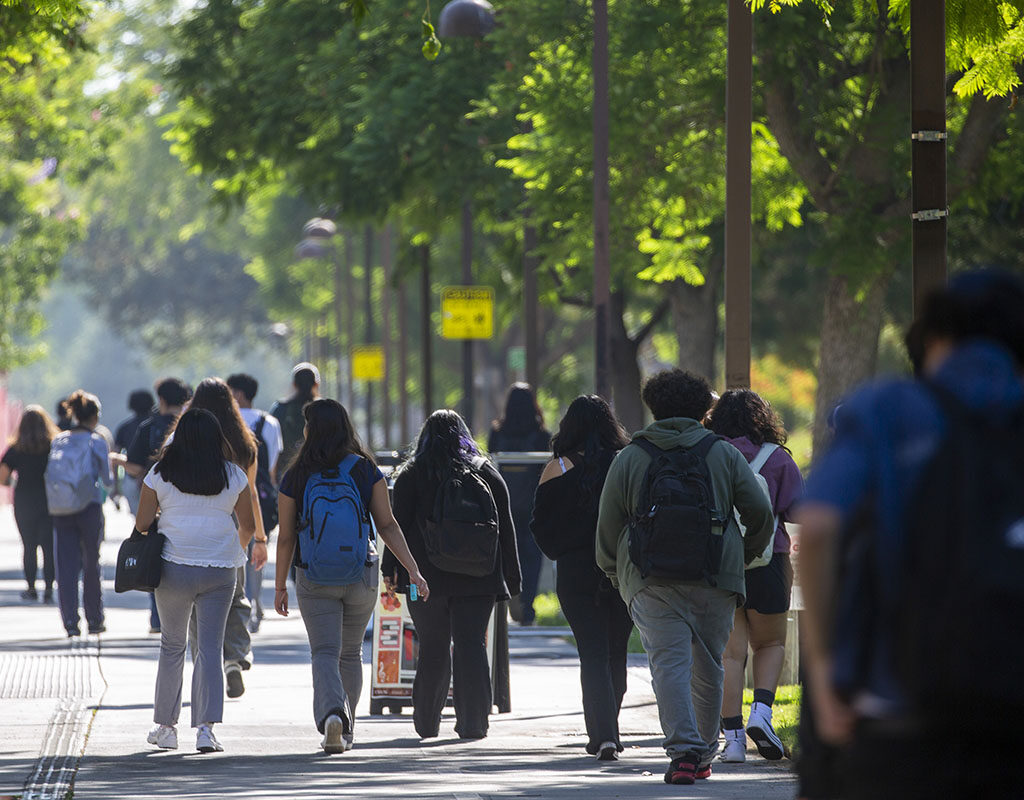 Students walk on a pathway under green, leafy trees.