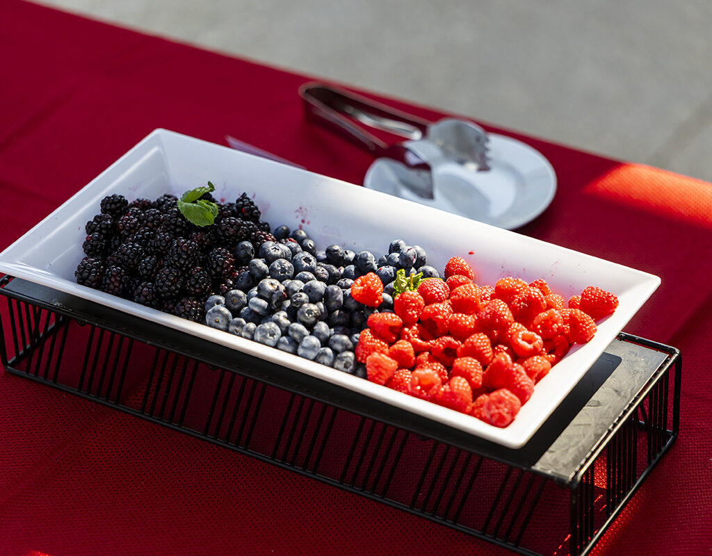 Photo of white platter that holds raspberries and blueberries.