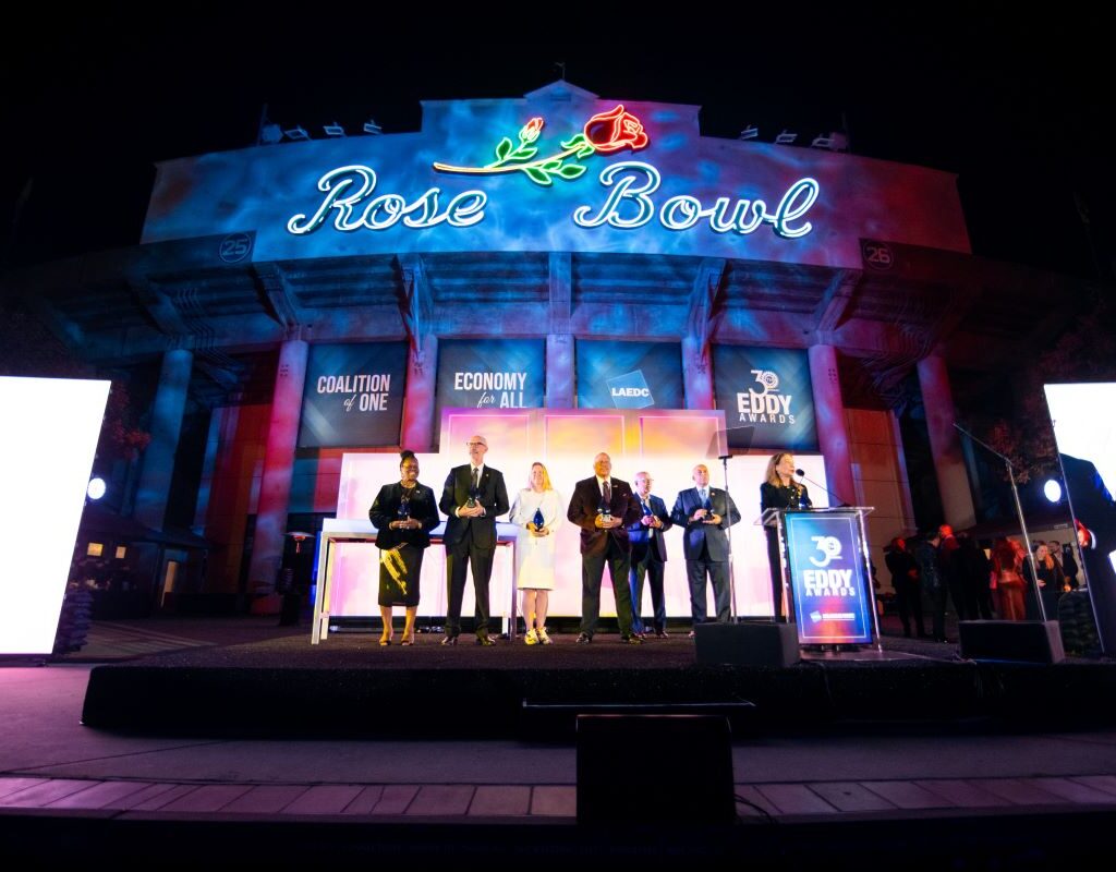 CSU Chancellor Mildred García (right) accepts the LAEDC Strategic Engagement Award alongside presidents from five of the six recognized CSUs: (from left) Cal State LA President Berenecea Johnson Eanes, CSULB Acting President Andrew Jones, CSUN President Erika Beck, ​CSUDH President Thomas Parham and CSUF President Ronald Rochon.